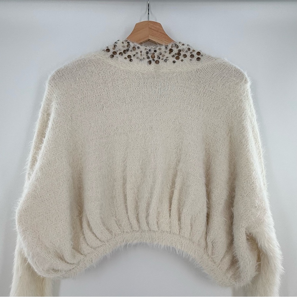 Anthropologie Knitted & Knotted Soiree Open Sweater White Gold Sequin Medium - Picture 2 of 8